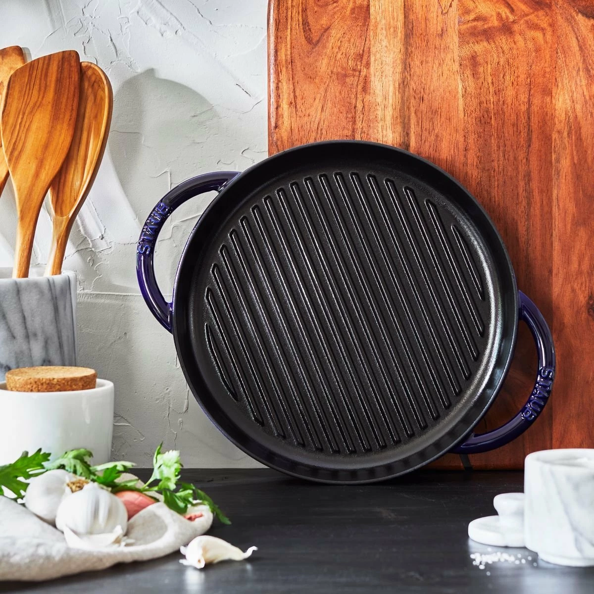 Staub 10" Cast Iron Pure Grill Pan | Dark Blue 2 Staub 10" Cast Iron Pure Grill Pan | Dark Blue - Image 2