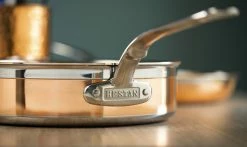 Hestan CopperBond Induction Cookware 3.5 Qt Covered Saute With Helper Handle -Cookware Sets Sales 2023 31598 hcb hestan copperbond 3.5qt saute pan closeup on handle