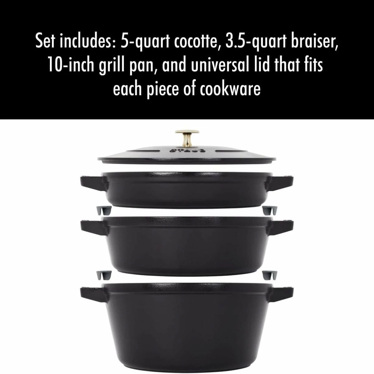 Staub Stackable Cocotte, Braiser, And Grill Pan With Lid | Black 3 Staub Stackable Cocotte, Braiser, And Grill Pan With Lid | Black - Image 3