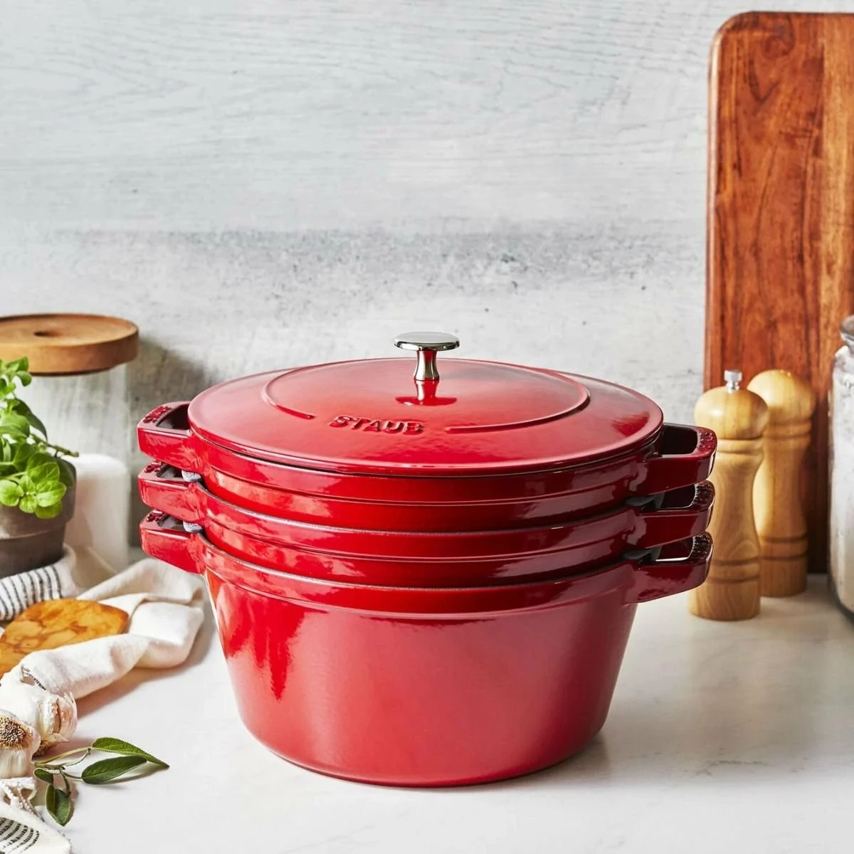 Staub Stackable Cocotte, Braiser, And Grill Pan With Lid | Cherry 10 Staub Stackable Cocotte, Braiser, And Grill Pan With Lid | Cherry - Image 10