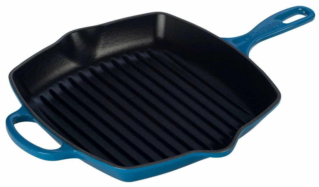 Le Creuset 10.25" Square Signature Cast Iron Grill Skillet | Marseille Blue 1 Le Creuset 10.25" Square Signature Cast Iron Grill Skillet | Marseille Blue