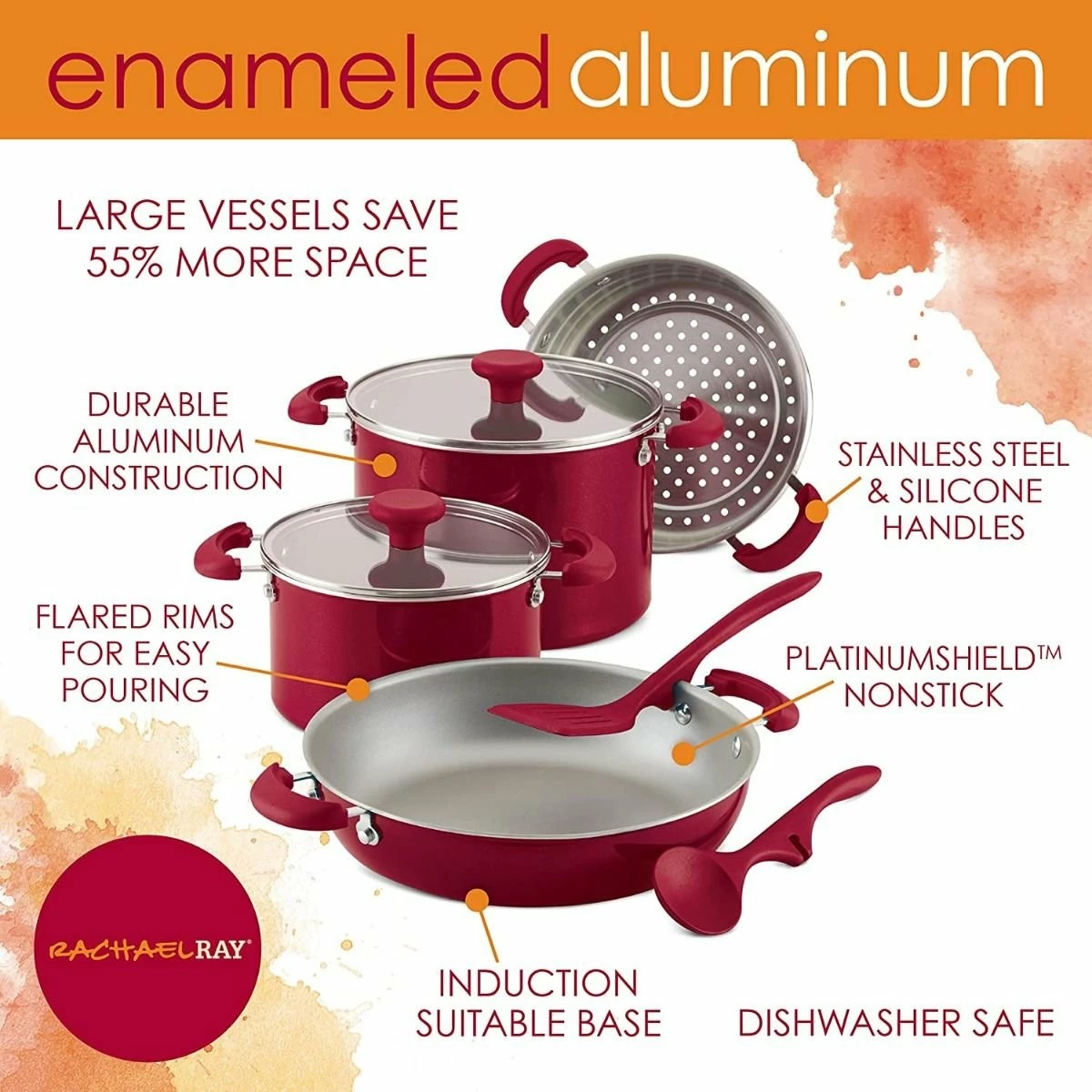Rachael Ray 8-Piece Enameled Stacking Cookware Set | Red Shimmer 3 Rachael Ray 8-Piece Enameled Stacking Cookware Set | Red Shimmer - Image 3