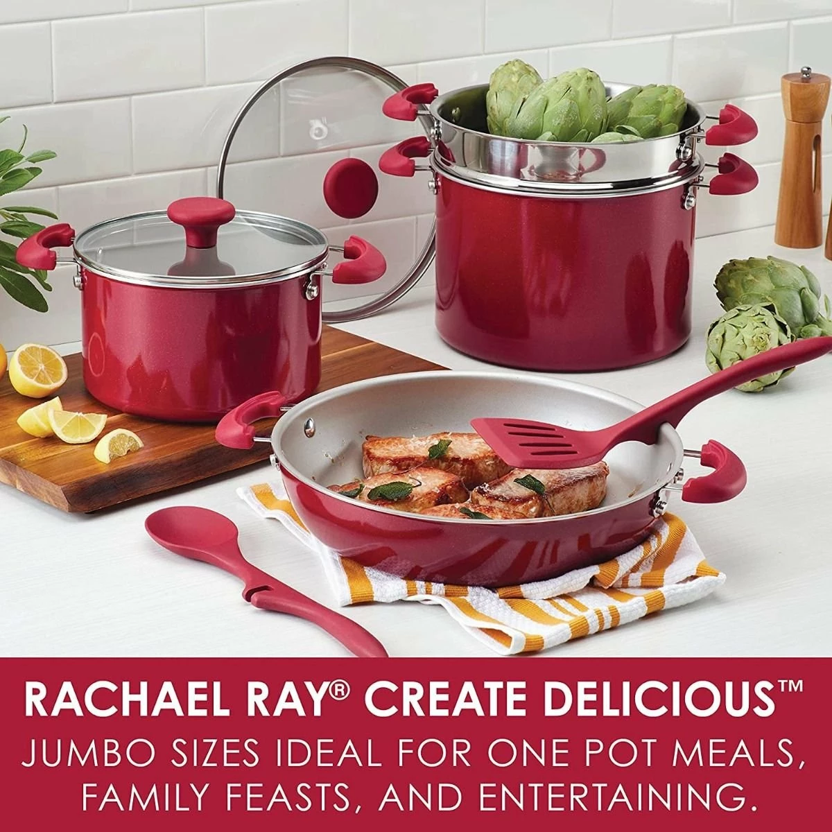 Rachael Ray 8-Piece Enameled Stacking Cookware Set | Red Shimmer 2 Rachael Ray 8-Piece Enameled Stacking Cookware Set | Red Shimmer - Image 2
